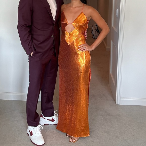 Galvan London Kite Cutout Sequined Satin Maxi Dress Orange - Picture 4 of 6